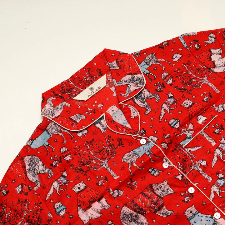 Cozy Up in Christmas Cheer: Festive Print Pajama Set for Winter Nights- Red