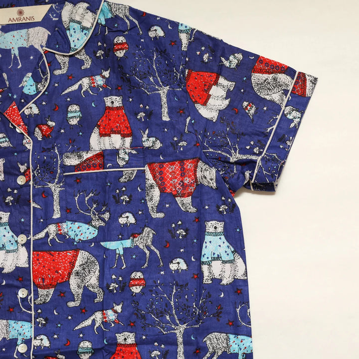 Cozy Up in Christmas Cheer: Festive Print Pajama Set for Winter Nights- Blue