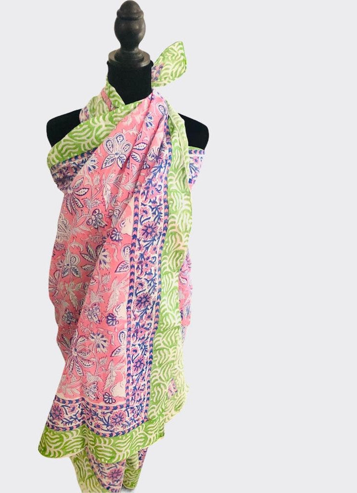 Floral Kalamkari & Batik Indian Hand Block Print Cotton Sarong