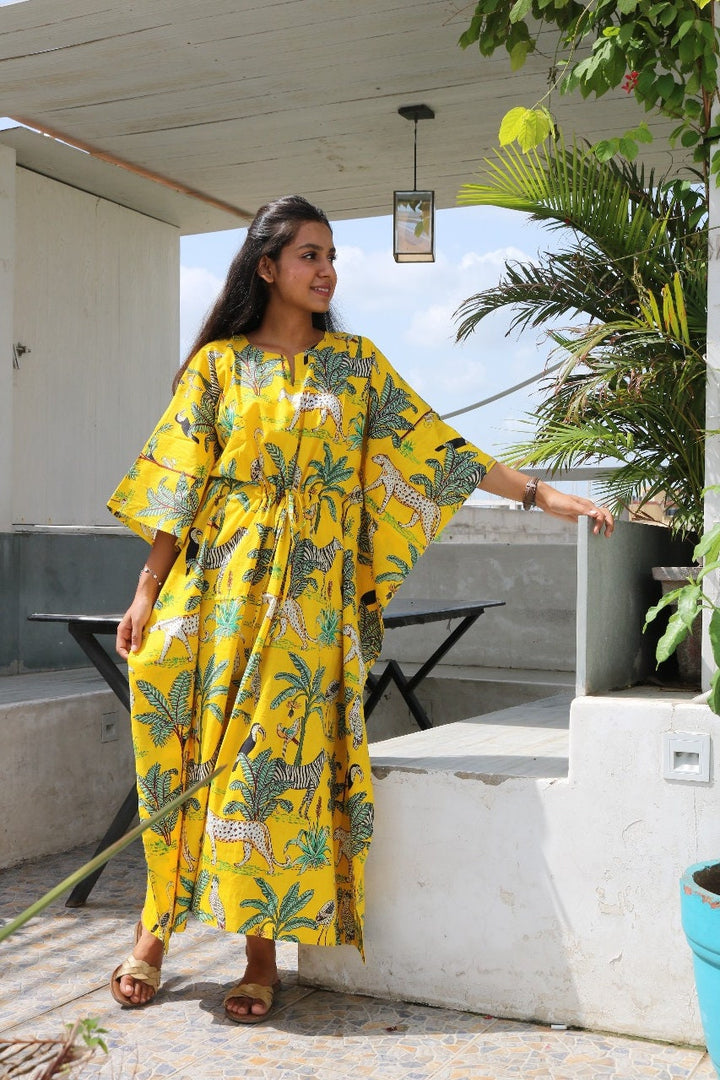 Yellow Tiger Print Cotton Kaftan, Plus Size Tunic Floral Long Caftan, Bridesmaid Gown Summer Clothing With Free Shipping