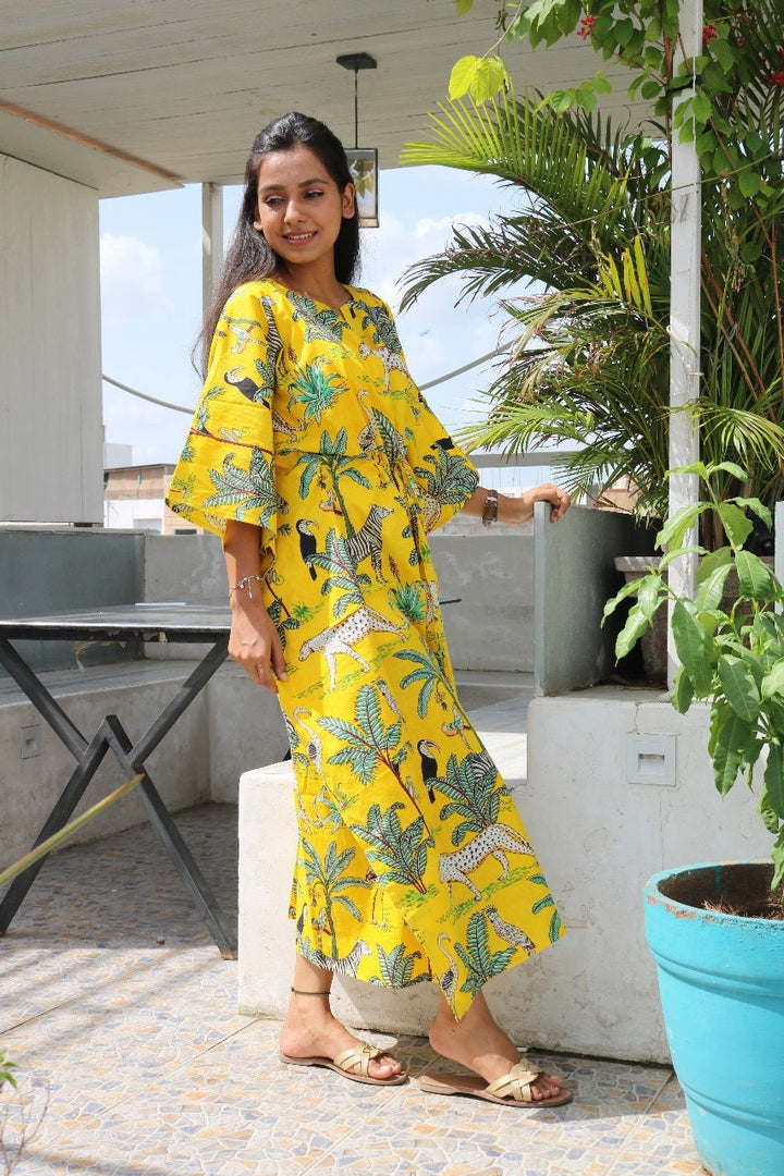Yellow Tiger Print Cotton Kaftan, Plus Size Tunic Floral Long Caftan, Bridesmaid Gown Summer Clothing With Free Shipping