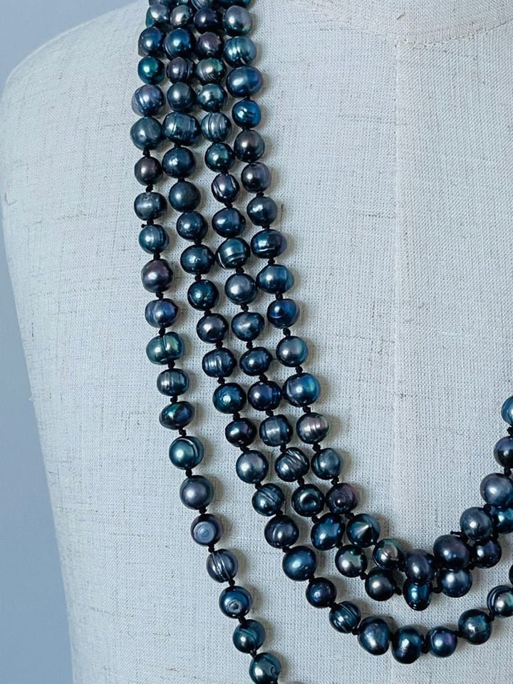 Black Freshwater Pearl Knotted Necklace - 48 Inches