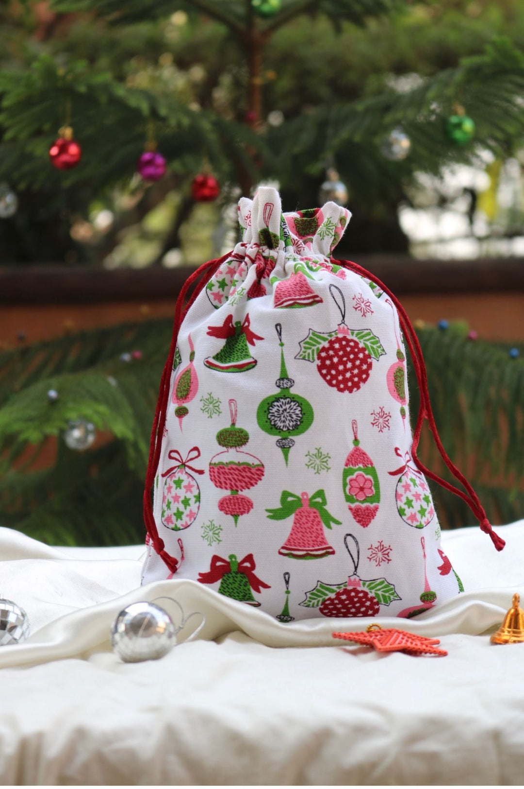 Colorful Cotton Gift Bag, Christmas Gift Tote, Reusable Storage Bag, Handmade Tote, Cute Drawstring Bag, Cotton Gift Wrap,Thanks Giving Gift