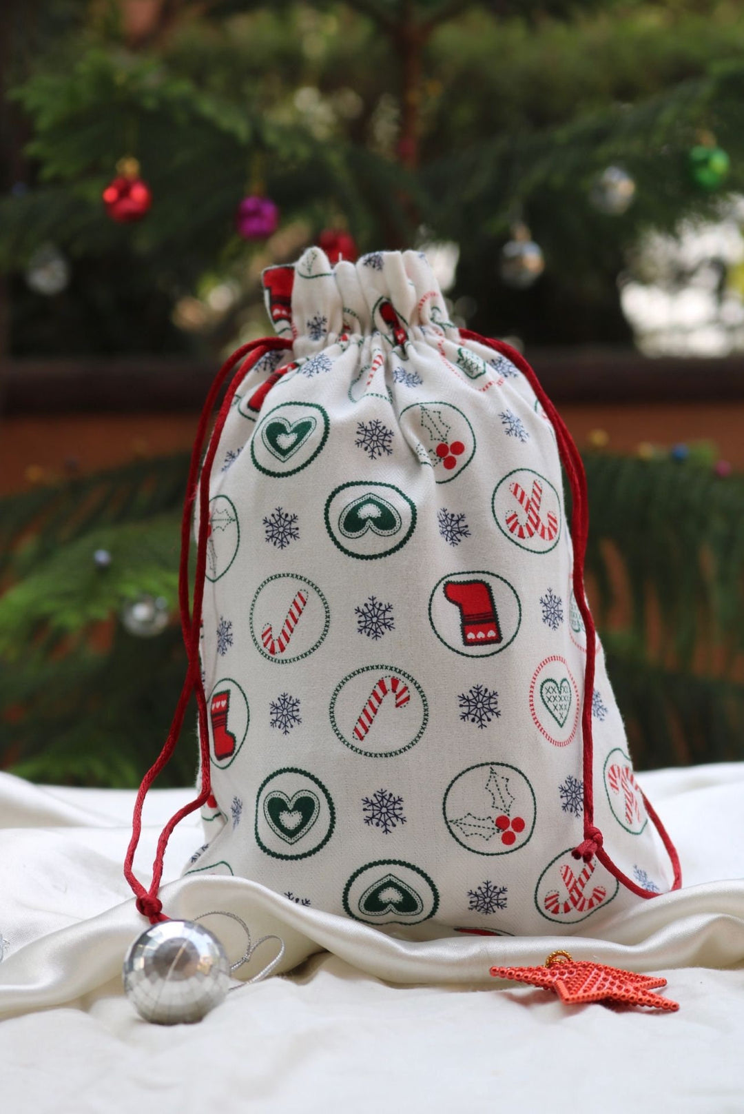 Colorful Cotton Gift Bag, Christmas Gift Tote, Reusable Storage Bag, Handmade Tote, Cute Drawstring Bag, Cotton Gift Wrap,Thanks Giving Gift