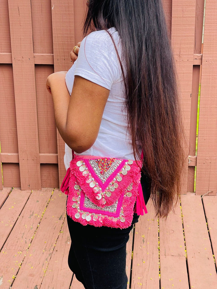 Pink Eco-Jute Gypsy Chic Bag with Banjara Tassels - Valentine's Day Gift