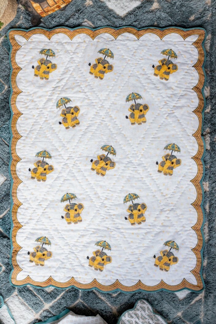 Yellow Cotton The Majestic Gaja Reversible Infant Quilt Yellow Gaja Baby Quilt for Sale Free Shipping