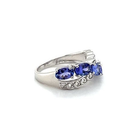 VINTAGE NATURAL TANZANITE OVAL WHITE GOLD PLATED RING